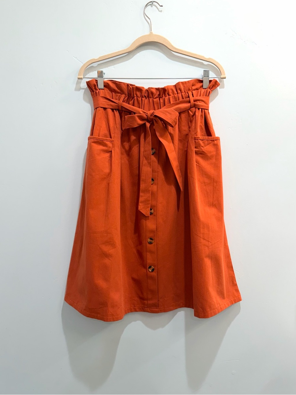 Rust Terracotta Paperbag Waist Button Front Midi Skirt Cotton ModCloth Style Lrg - Picture 3 of 12